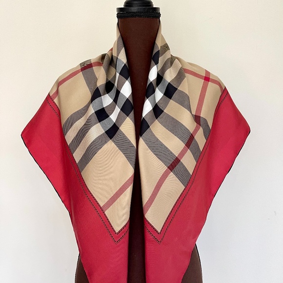 Display # 2 Burberry New Classic Check Pattern Red Border Silk Scarf - Picture 3 of 16